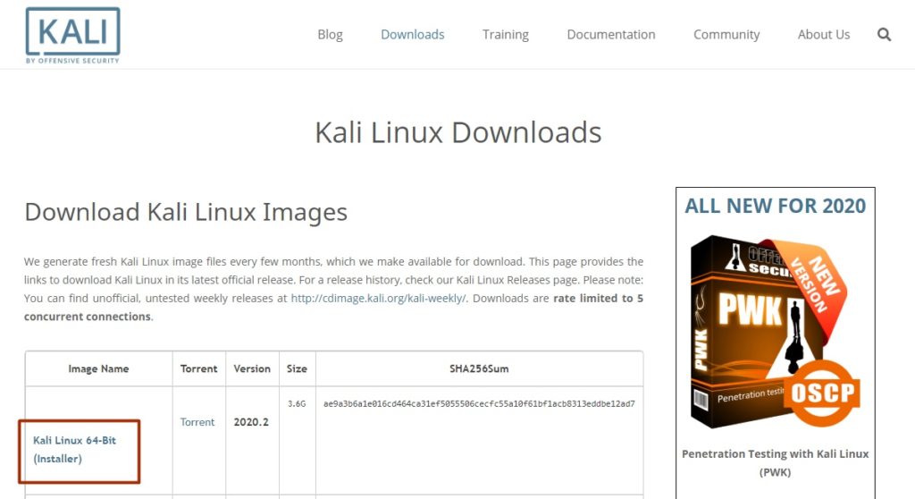 Kali Linux indirme sayfası ekran görüntüsü